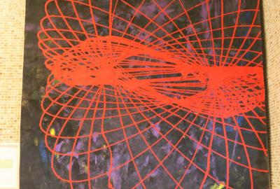 8.ročník Vv-fyzika, velkoformátová malba kyvadlem, kinetické umění, setrvačnost, experimentální malba, tempera, A.Maroušek, M.Vrňák, 8 . B