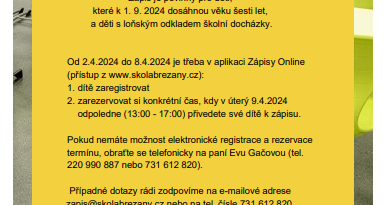Zápis do 1. ročníku 2024/2025 - pokyny, formuláře