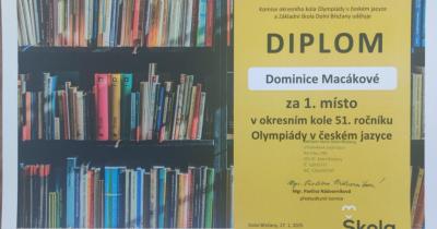 Velký úspěch Dominiky Macákové v okresním kole Olympiády v českém jazyce!