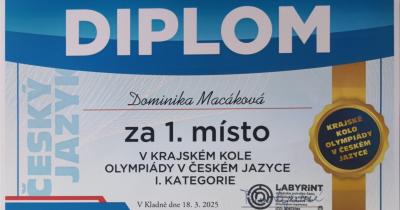 Dominka Macáková z 9. C zvítězila v krajském kole Olympiády v českém jazyce!